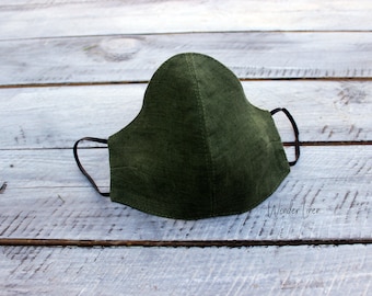 Linen face mask. Green fabric reusable mask. Stonewashed soft anti dust mask. Green face protecting cover. Natural linen breathable mask