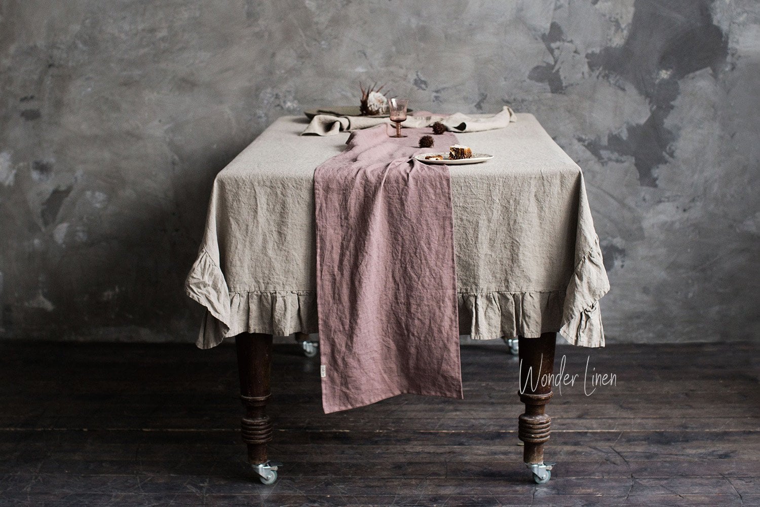 Linen table runner. Washed soft linen table runner in woodrose. Pink stonewashed linen custom size wedding runner. Natural table decor