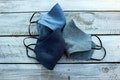 Linen face mask. Blue fabric reusable mask. Navy stonewashed soft anti dust mask. Denim face protecting cover. Natural linen breathable mask product logo