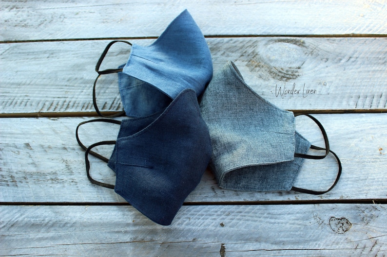 Linen face mask. Blue fabric reusable mask. Navy stonewashed soft anti dust mask. Denim face protecting cover. Natural linen breathable mask 
