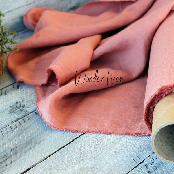 Pink linen fabric by half yard meter / softened linen for sewing / salmon washed flax / stonewashed medium weight / organic soft linen