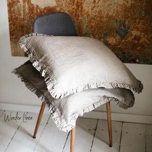 Linen pillowcase with ruffles. Washed soft ruffled linen king bedding. Natural stonewashed farmhouse queen linen pillow cover