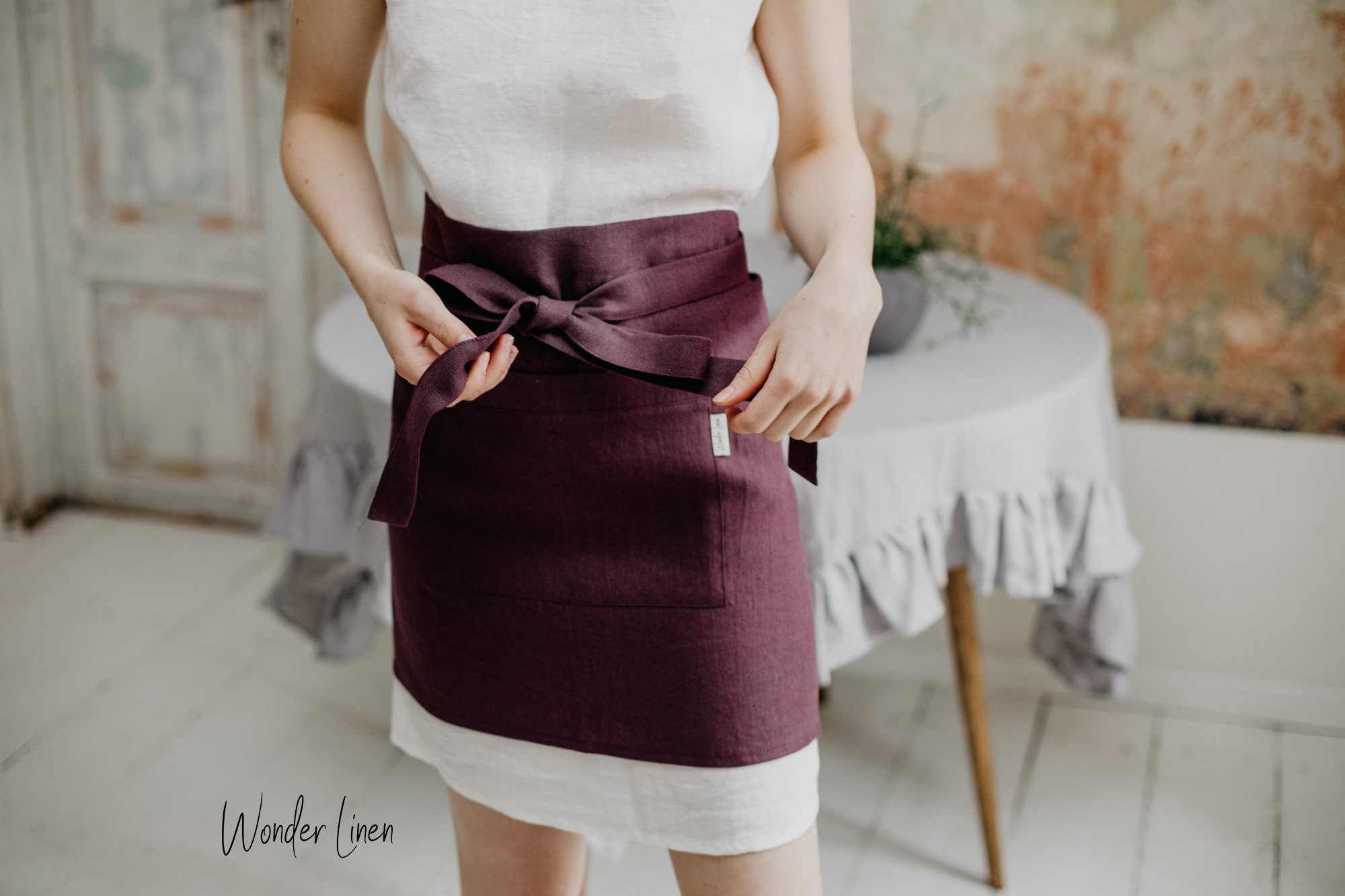 Linen apron for women. Plum linen half apron with pockets. Burgundy unisex soft linen apron. Handmade midi cafe apron. Mother's day gift