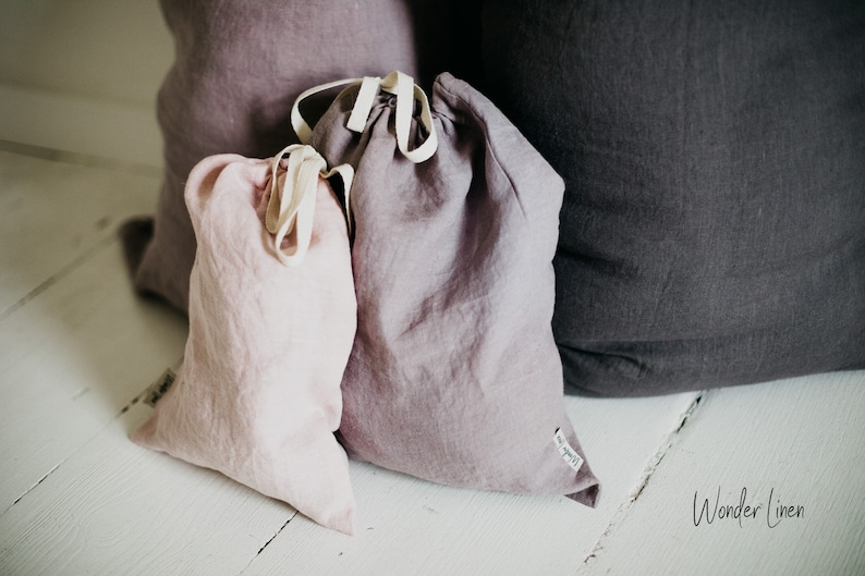 Linen storage bag. Washed soft linen laundry bag with drawstring. Natural stonewashed linen reusable toys bag . Linen bread keeper zdjęcie 6