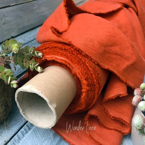 Orange linen fabric / 100% soft washed flax by meter or yard / burnt orange pure softened linen for sewing / stonewashed medium weight