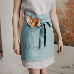 Linen apron for women. Mint linen half apron with pockets. Grayish green unisex soft linen apron. Handmade midi cafe apron