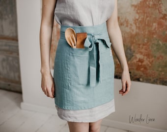 Linen apron for women. Mint linen half apron with pockets. Grayish green unisex soft linen apron. Handmade midi cafe apron