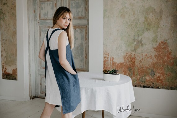 Linen Pinafore Apron. Denim Look Linen Cross Back Apron With