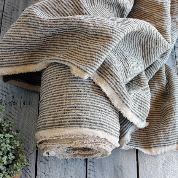 Gestreepte linnen stof / natuurlijke grijze strepen / zacht gewassen vlas per meter of erf 100% linnen / puur onthard linnen voor naaien / stonewashed
