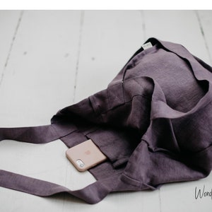 Sacola de compras em linho. Cesto de compras reutilizável. Bolsa tote em linho lilás com bolsos. Praia, academia, sacola de viagem. Bolsa de linho