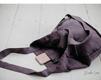 Linen shopping bag. Reusable grocery shopping basket. Dusty lavender linen tote bag with pockets. Beach, gym, travel tote bag. Linen handbag