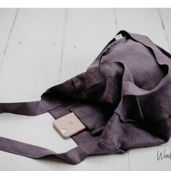 Linen shopping bag. Reusable grocery shopping basket. Dusty lavender linen tote bag with pockets. Beach, gym, travel tote bag. Linen handbag
