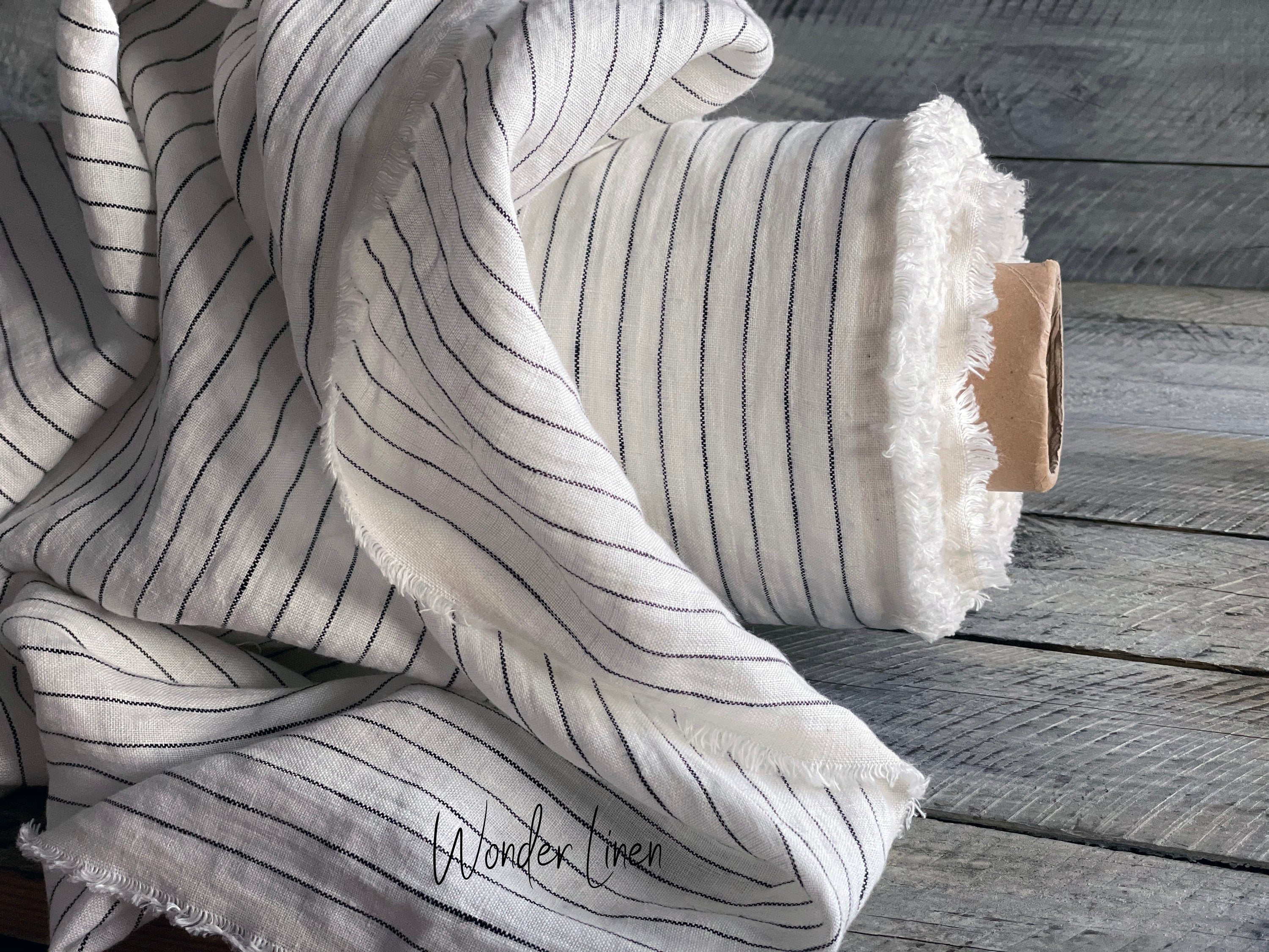 Black stripes linen fabric by half yard or meter / white washed softened linen for dress / soft stonewashed medium weight summer flax