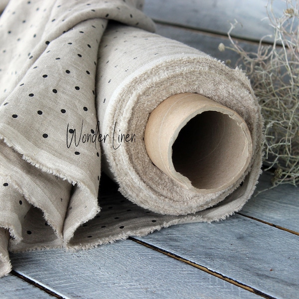 Tissu de lin à points noirs par demi-mètre ou mètre / lin lavé naturel / lin adouci pour la couture / poids moyen lavé à la pierre / lin doux