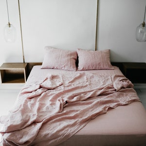 Drap plat en lin. Très grand lit en lin doux lavé rose cendré. Grand lit délavé, draps pour lit 1 place. Drap plat aux dimensions standard et personnalisées image 2