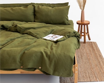 Linen duvet cover with buttons in olive green. Washed soft linen king bedding. Natural stonewashed queen, custom size linen bedding
