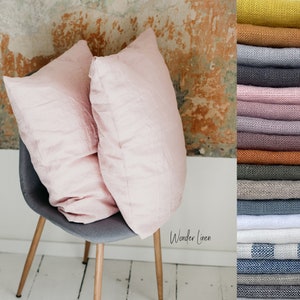 Linen pillowcase with envelope closure. Natural pink washed soft linen king bedding. Stonewashed dusty rose queen linen pillow cover
