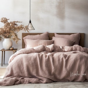 Gray Linen bedding set. King or Queen size duvet cover with button closure and 2 envelope pillow cases dusty rose