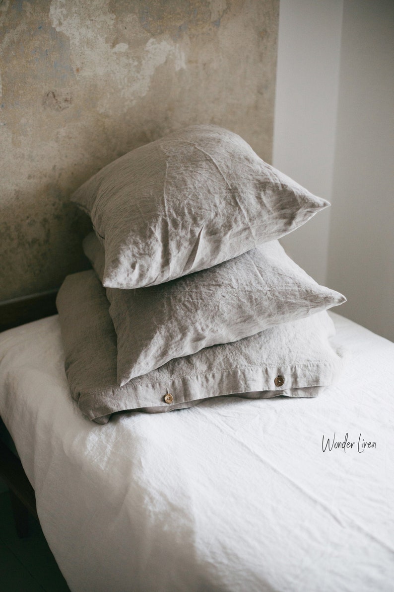 Gray Linen bedding set. King or Queen size duvet cover with button closure and 2 envelope pillow cases natural