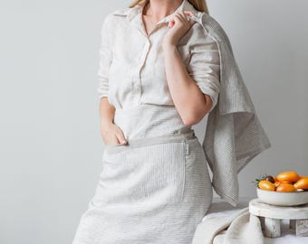 White striped apron for women. Linen half apron with pockets. Unisex soft linen apron. Handmade midi cafe apron. Mother's day gift