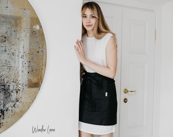 Black Linen apron for women. Linen half apron with pockets. Unisex soft linen apron. Handmade midi cafe apron