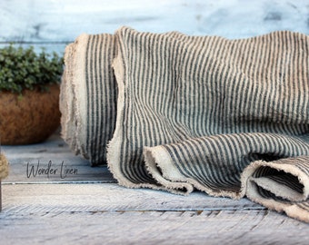 Gray stripes linen fabric by half yard or meter / natural washed softened linen for dress / soft stonewashed medium weight summer flax