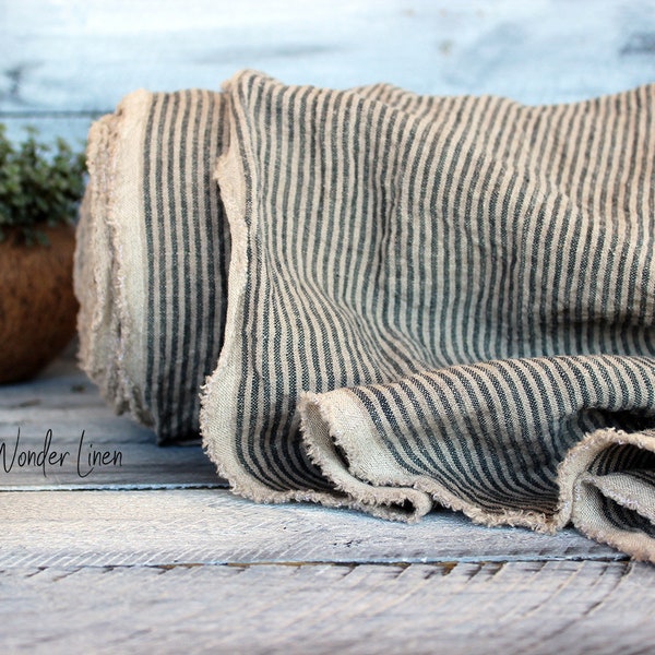 Gray stripes linen fabric by half yard or meter / natural washed softened linen for dress / soft stonewashed medium weight summer flax