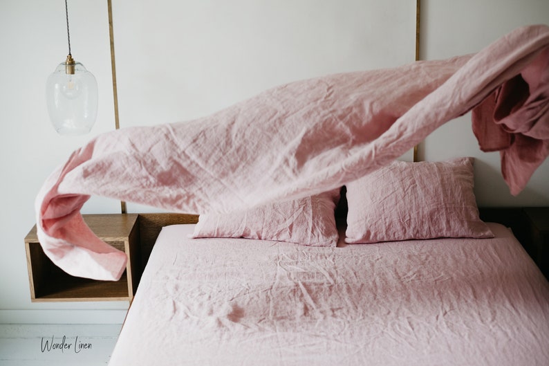 Drap plat en lin. Très grand lit en lin doux lavé rose cendré. Grand lit délavé, draps pour lit 1 place. Drap plat aux dimensions standard et personnalisées image 3