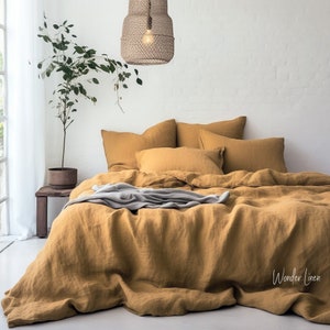Gray Linen bedding set. King or Queen size duvet cover with button closure and 2 envelope pillow cases mustard