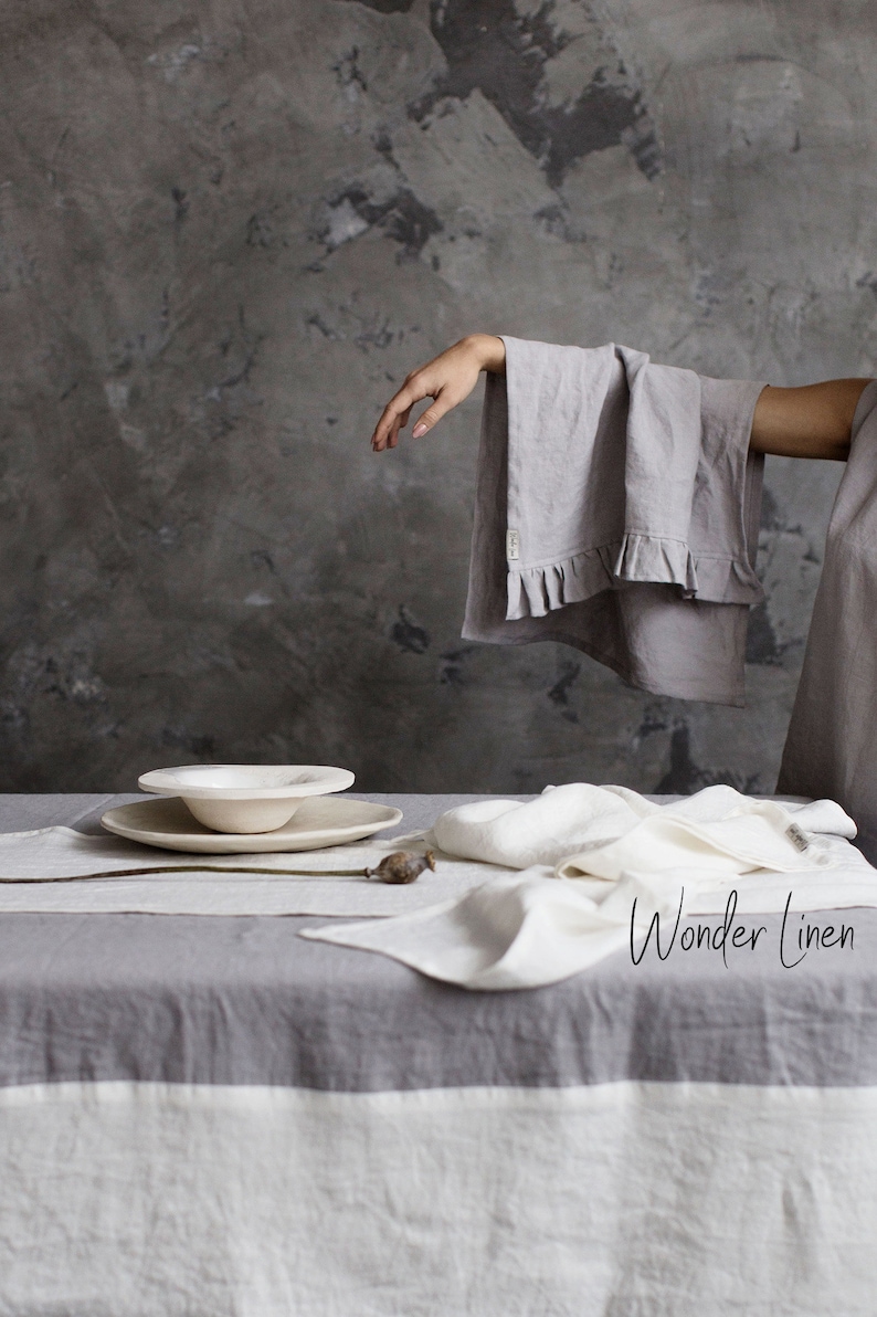 Linen tea towel. White linen hand towel with ruffles. Gray stonewashed soft dish towel. Kitchen ruffle towel. Natural linen dishclothes image 5