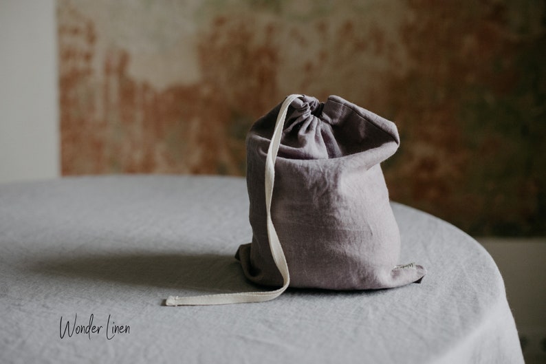 Linen storage bag. Washed soft linen laundry bag with drawstring. Natural stonewashed linen reusable toys bag . Linen bread keeper image 4