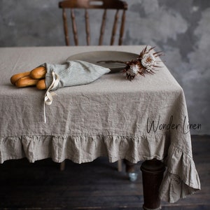 Linen ruffle tablecloth. Washed soft linen table cloth. Natural stonewashed linen custom size tablecloth with ruffles image 3