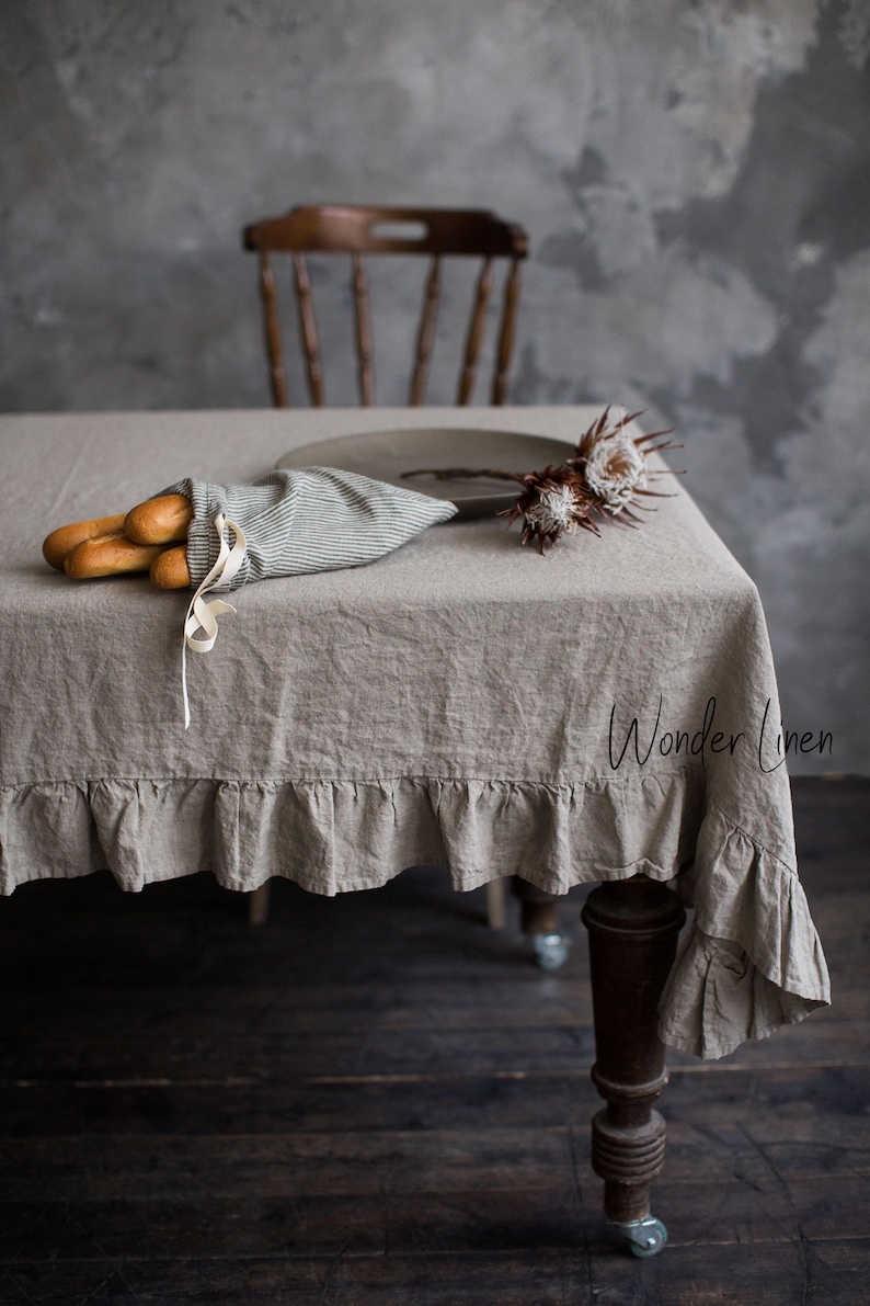 Linen ruffle tablecloth. Washed soft linen table cloth. Natural stonewashed linen custom size tablecloth with ruffles image 3