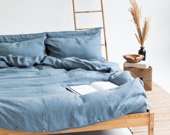 Juego de cama de lino: funda nórdica tamaño King o Queen en azul polvoriento con cierre de botones y 2 fundas de almohada tipo sobre