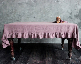 Linen ruffle tablecloth. Woodrose washed soft table cloth. Natural stonewashed linen custom size tablecloth. Wedding table decor
