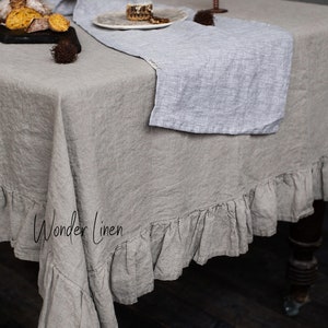 Linen ruffle tablecloth. Washed soft linen table cloth. Natural stonewashed linen custom size tablecloth with ruffles image 5