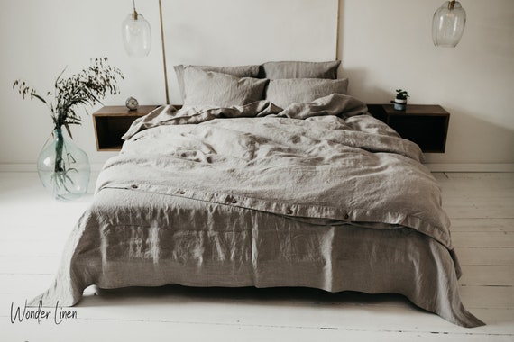 Linen Bedding Set. King or Queen Size Duvet Cover and 2 Pillow Cases With  Button Closure in Natural Undyed Color 