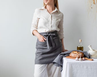 Gray apron for women. Linen half apron with pockets. Unisex soft linen apron. Handmade midi cafe apron. Mother's day gift