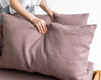 Linen pillowcase with envelope closure. Mauve taupe washed soft linen king bedding. Stonewashed rose pink queen linen pillow cover