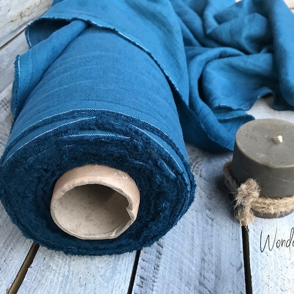 Teal fabric by half yard or meter /dark blue-green soft washed flax / softened pure linen / stonewashed organic for dress