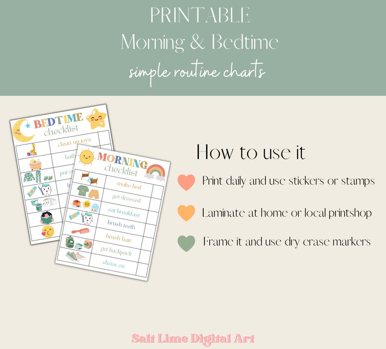 May include: Printable checklists for morning and bedtime routines. The checklists feature colorful illustrations and are designed for children. The text on the checklists includes "Bedtime Checklist" and "Morning Checklist".