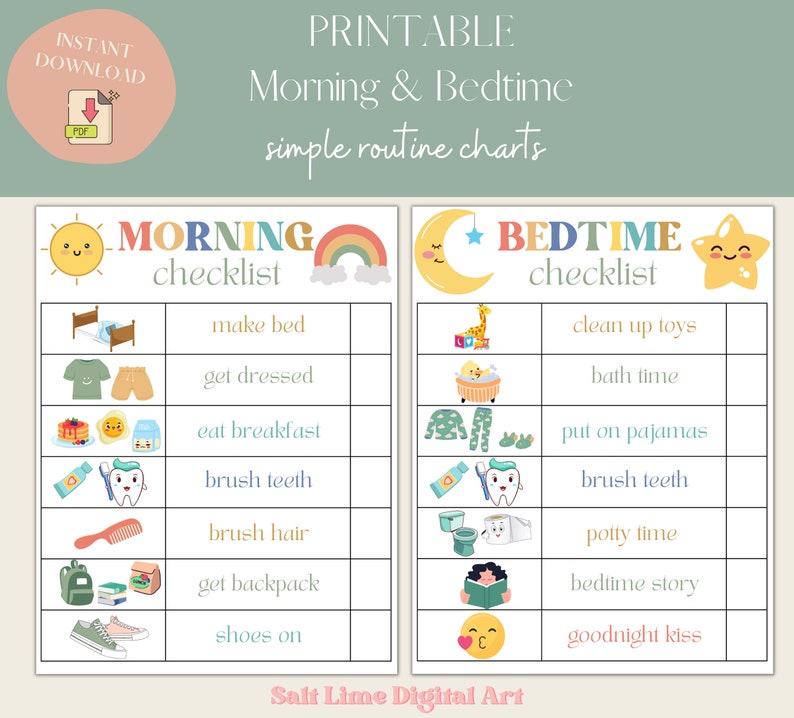Bedtime Routine for Kids, Morning Routine Checklist, Printable Responsibility Chart, Instant Digital Download PDF, Daily Kids Routine Checklist, Preschool Routine Chart, Chore Chart for Kids, Daily Tasks List for Kids, Printable Routine Chart