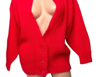 Vtg 80s Bright Red Cable Knit Deep V Neck Cardigan Sweater Empire Gene Stuart S