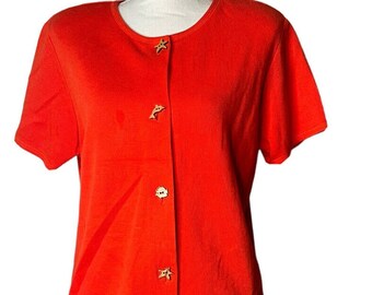 Vtg Womens Richard Sport Ribbed Knit Orange Short Set Wooden Fish Buttons Size M
