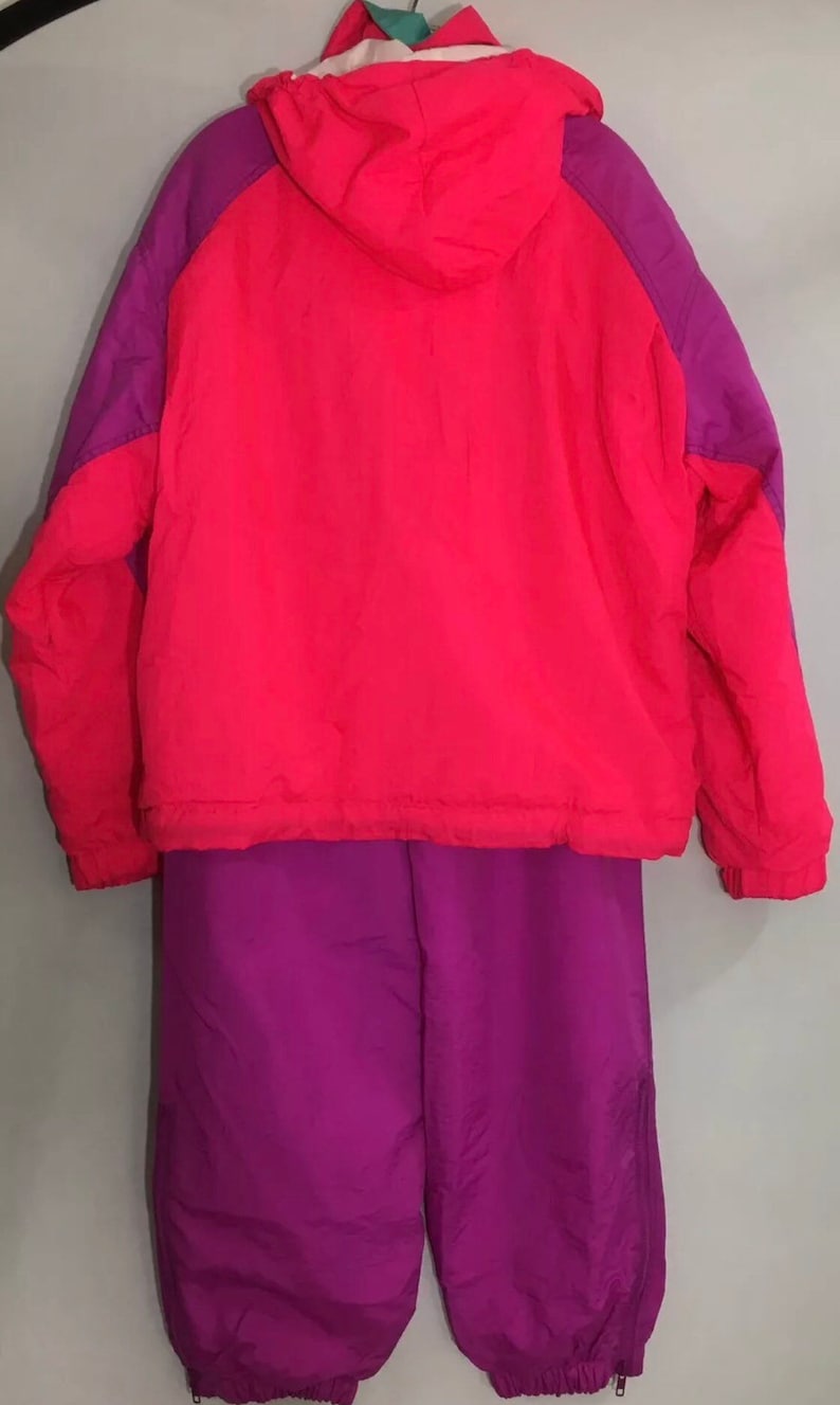 Womens Vintage Retro Roffe Challenge Skiwear Neon Pink Color Block Thintech Coat and Snow Pants Size Large