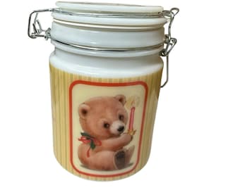 Vtg Houston Harvest Christmas Teddy Bear Milk Glass Canister Hinged Lid Tea 6"