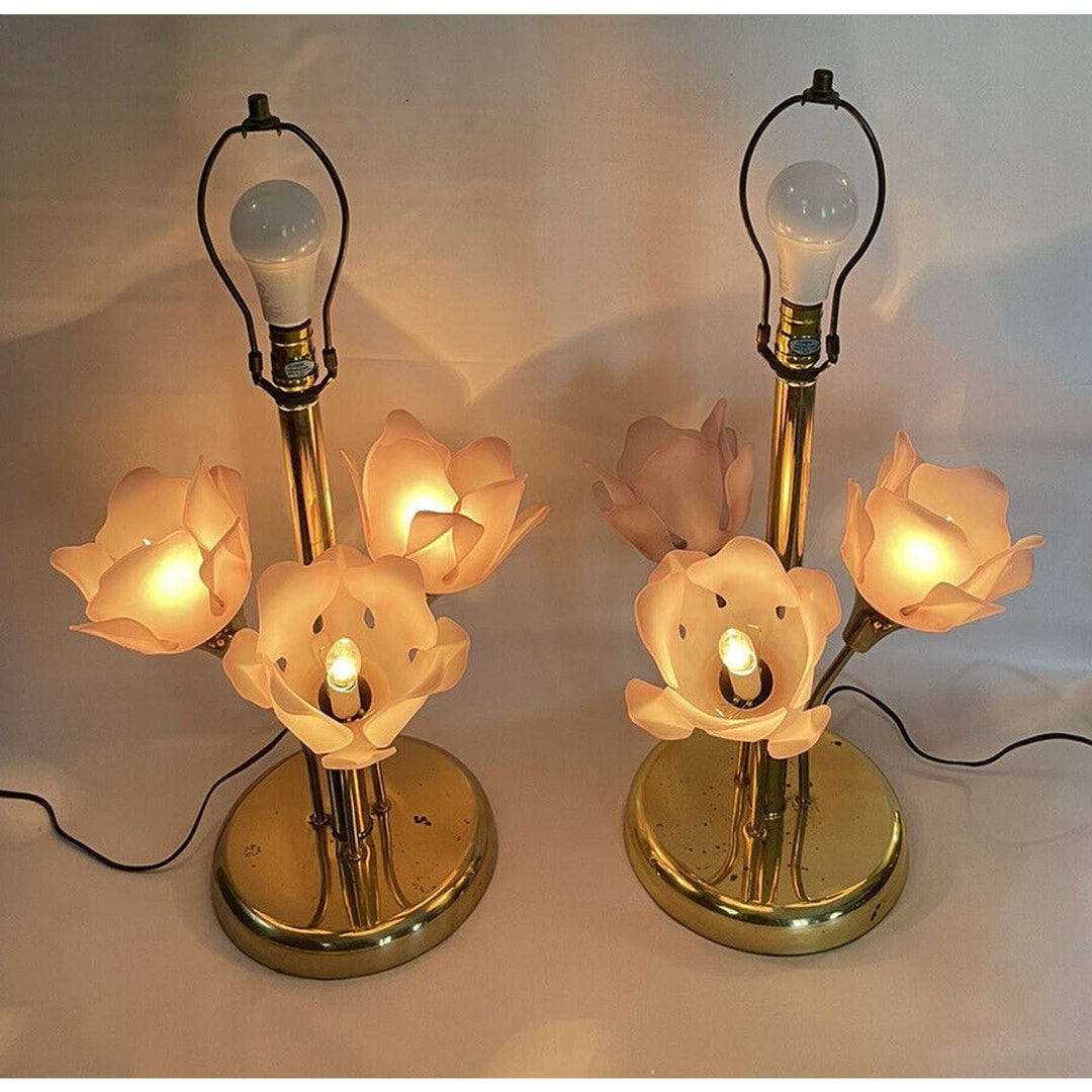 Set 2 Vintage MCM Lamps Harris Industries Pink Petals 3 Tulip Flowers