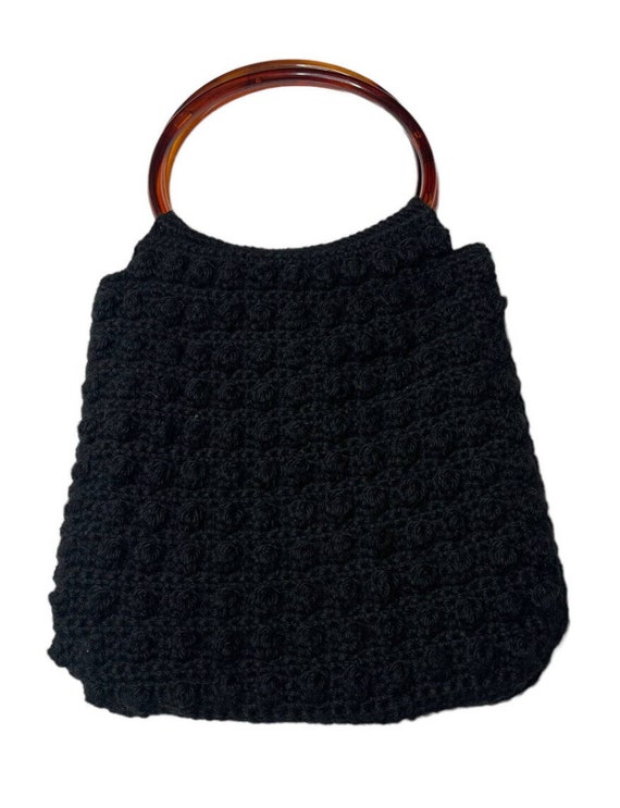 Vintage Black Crochet Macrame Purse Handbag Faux … - image 1