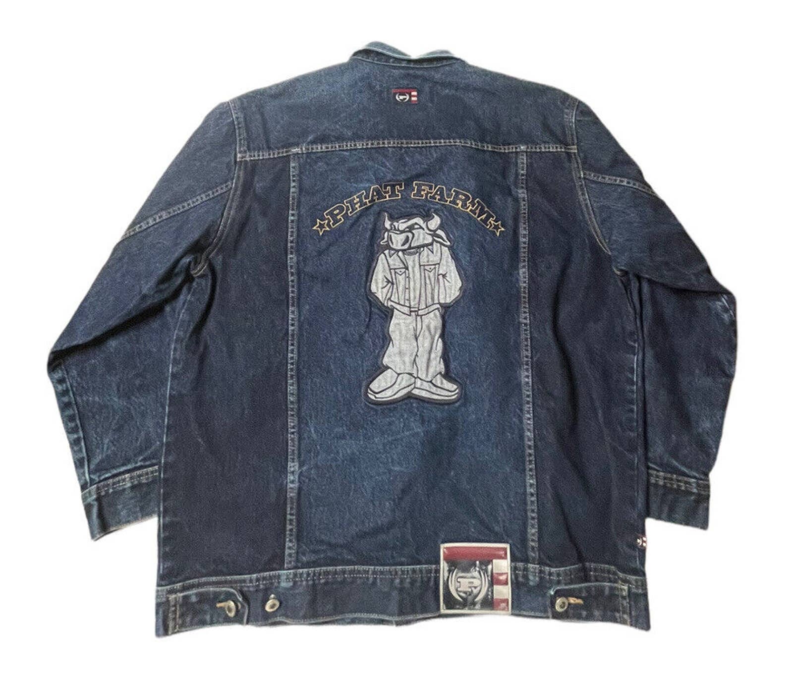 Vtg Denim Trucker Jean Jacket Phat Farm Logo Urban Hip Hop 90s