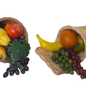 Vintage 15&quot; Wicker Cornucopia Horn of Plenty Baskets Faux Fruit Fall Decor Set 2